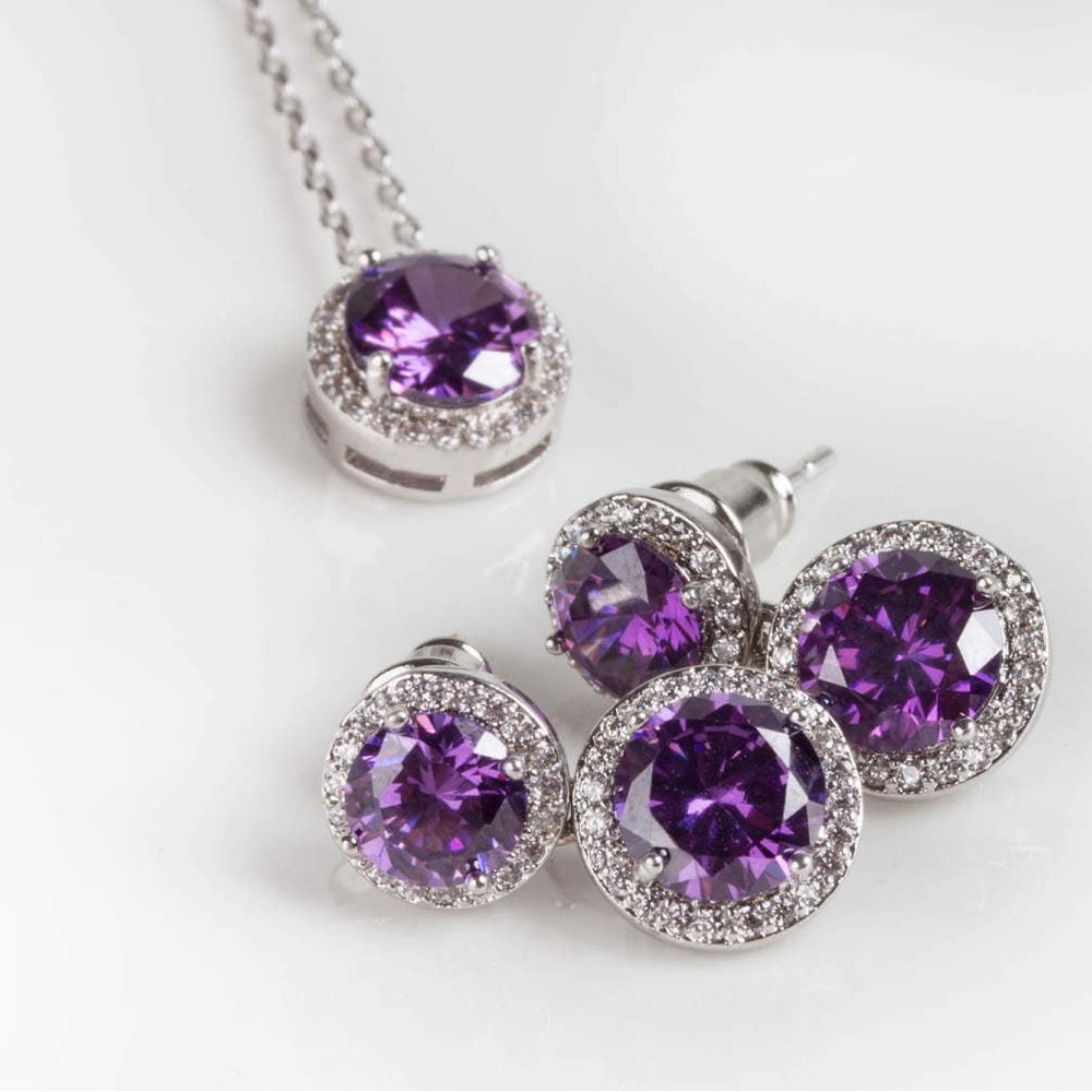 Brand New Elegant Purple Amethyst Zircon Silver Earrings & Necklace Jewelry Set